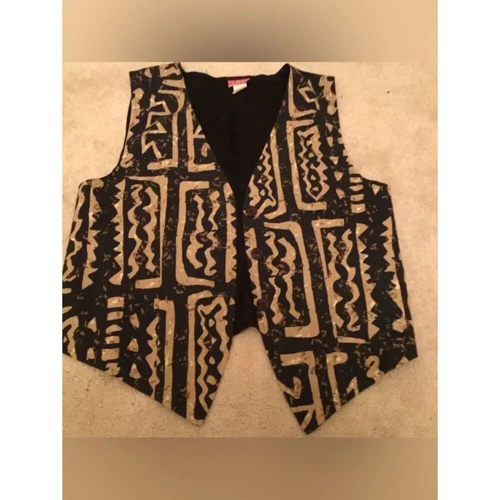 Vintage CLAUDE Tribal Print Button Front Vest in Black & Tan
